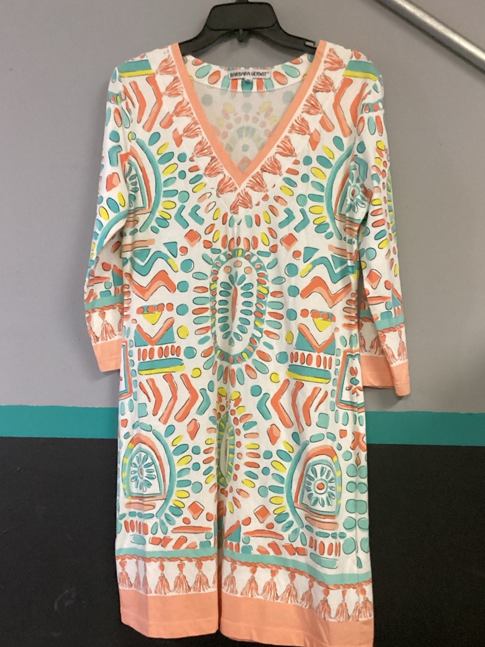 Bright Coral & Teal Printed V-Neck Women’s Dress
